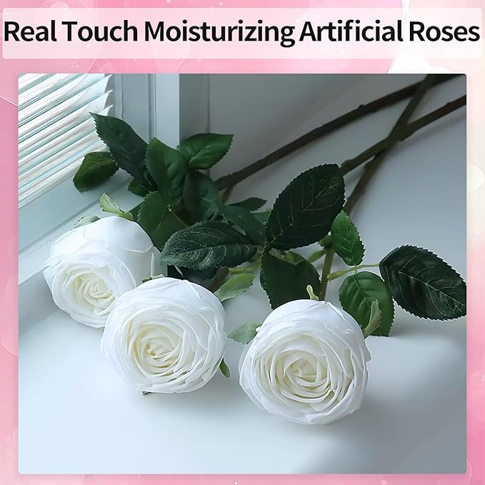 5Pcs White Real Touch Artificial Austin Rose Peony Silk Flowers with Stems - Lifelike Latex Fake Roses for Home Decor, Weddings, and DIY Floral Arrangements