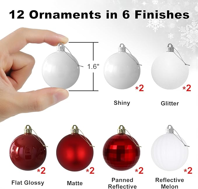 Red & White 1.6" Small Christmas Balls Christmas Tree Decoration Ornaments Shatterproof Hanging Balls for Birthday Halloween Holiday Wedding Decorations Set of 12pcs