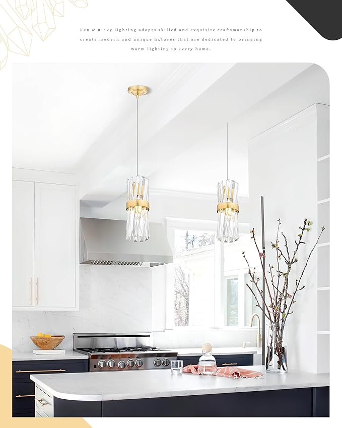 Ken & Ricky Crystal Pendant Lights, Modern Pendant Lights Kitchen Island, Gold Pendant Light for Kitchen Dinning Room Bathroom, Pendant Light with Two Style Options, KR3355-1PK