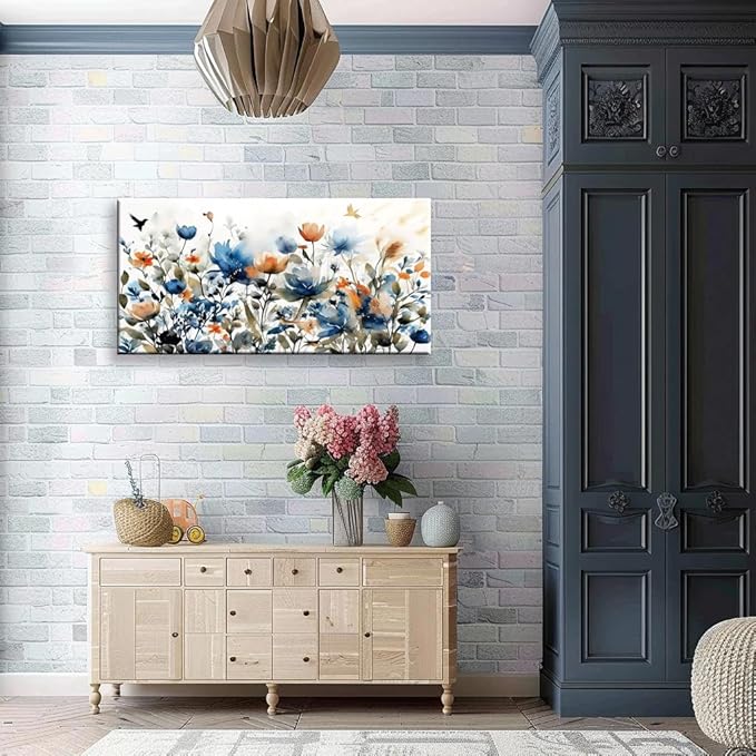 KZKU Watercolors Floral Canvas Wall Art Prints for Home Decor Living Room Dining Room Bedroom Office Wall Decor Multicolored Flowers Canvas Artwork Size：20x40inch