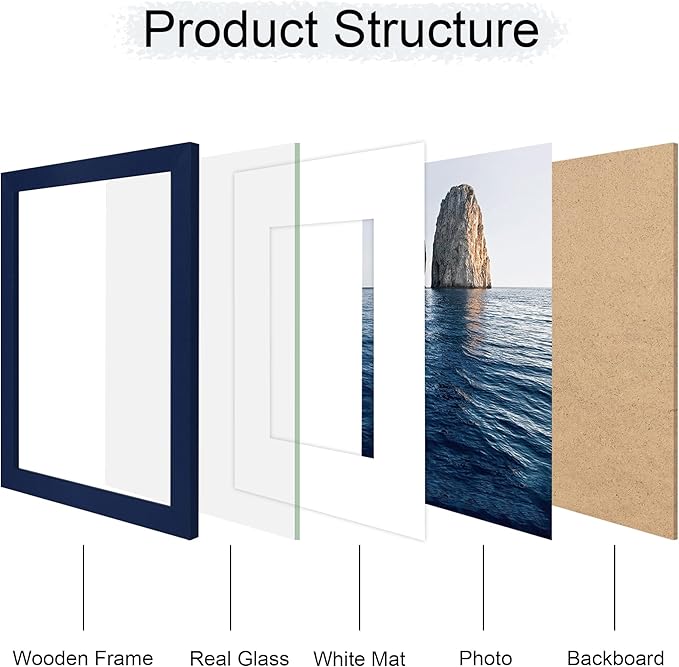 8x10 Picture Frame Set of 2, 8 x 10 Wood Photo Frames with Mat for 5x7, Natural Wooden Frame with Real Glass Cover for Wall and Tabletop Display,Blue