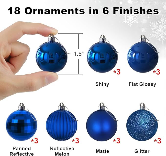 Royal Blue 1.6" Small Christmas Balls Christmas Tree Decoration Ornaments Shatterproof Hanging Balls for Birthday Halloween Holiday Wedding Decorations Set of 18pcs