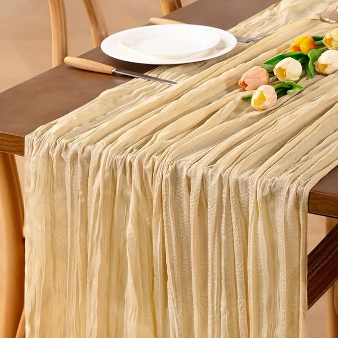 Champagne Cheesecloth Table Runner 1pcs Spring Boho Gauze Valentine's Day Table Runner 22×120 inch 10FT Table Decor for Home Farmhouse Wedding Baby Shower Birthday Party Ceremony