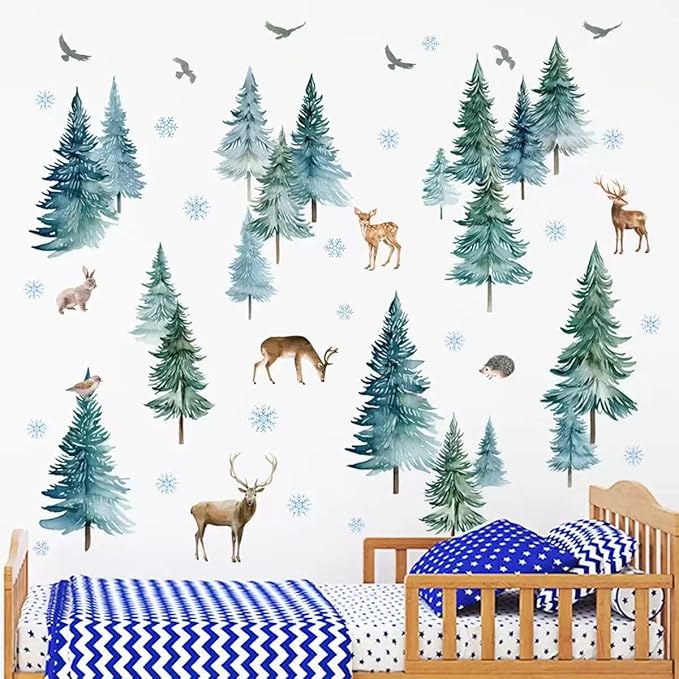 Large Christmas Tree Wall Stickers， Pine Tree Forest Deer Elk Kids Bedroom Holiday Decor，Xmas Snowflakes Woodland Animals Birch Birds for Nursery Living Room Offices Home Bedroom