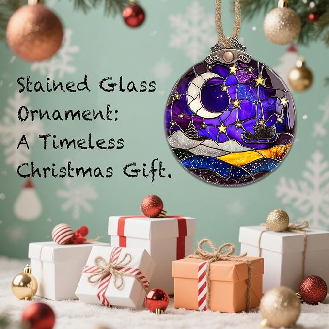 Stained Glass Christmas Decorations,Purple Night Scene with Stars Moon Suncatcher for Window Christmas Tree Hanging Ornaments Sun Catcher Xmas Decor Gifts for Women Men Mom Nana Friend