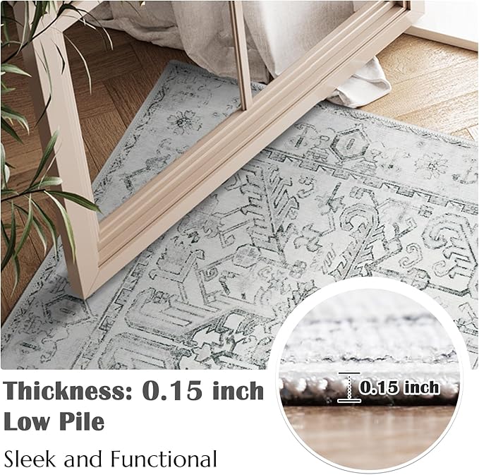 jinchan Lima Kitchen Runner Rug 2x5-2pcs, Vintage Hallway Rug Washable Floral Non Slip with Rubber Backing Soft Carpet Runner for Bedroom Laundry Room Living Room Grey
