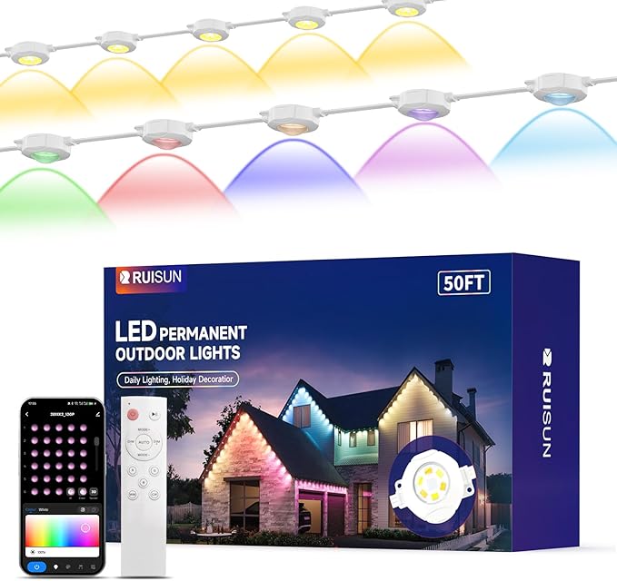 Permanent Outdoor Lights for House, 50FT with 30 RGBCW LEDs for Christmas, Daily and Holiday Lighting, Eave Lights for Outdoor Decorations, IP67 Waterproof, Works with Alexa, Google Assistant, White