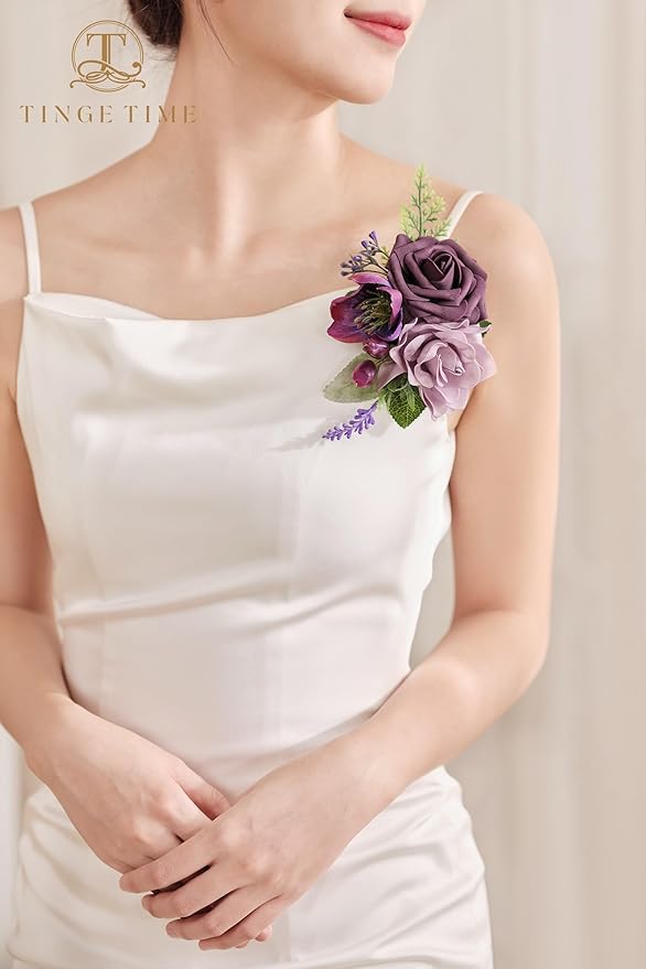 TINGE TIME Artificial Shoulder Corsages Flowers, Set of 2, Mother of The Bride Floral Corsage for Wedding Ceremony Anniversary Formal Dinner Party (Plum)