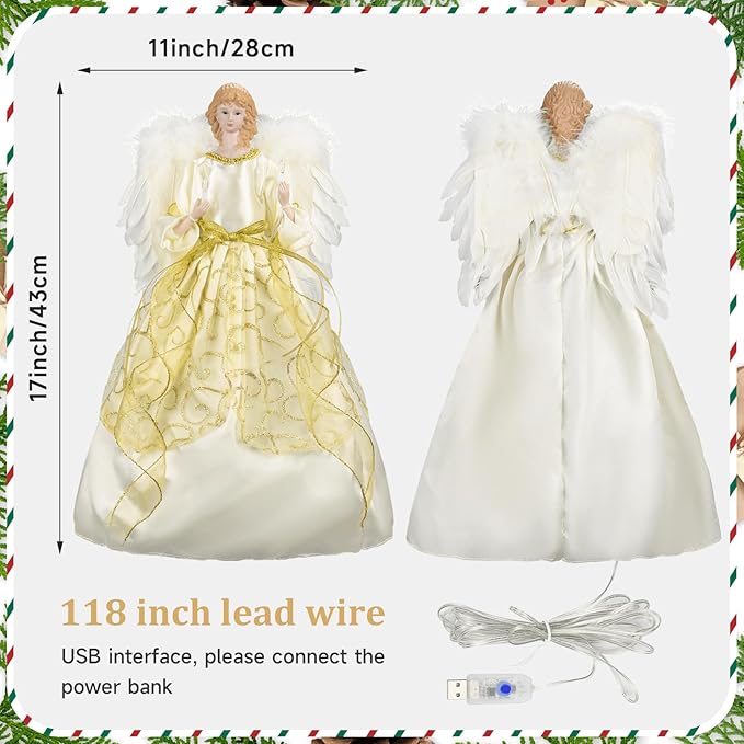 16 Inch Angel Tree Topper, Large Christmas Tree Topper Angel with Lights Decorations Battery-Powered Angel Ornaments for Christmas Tree with Feather Wings Xmas Tree Toppers Indoor Decorations-Gold