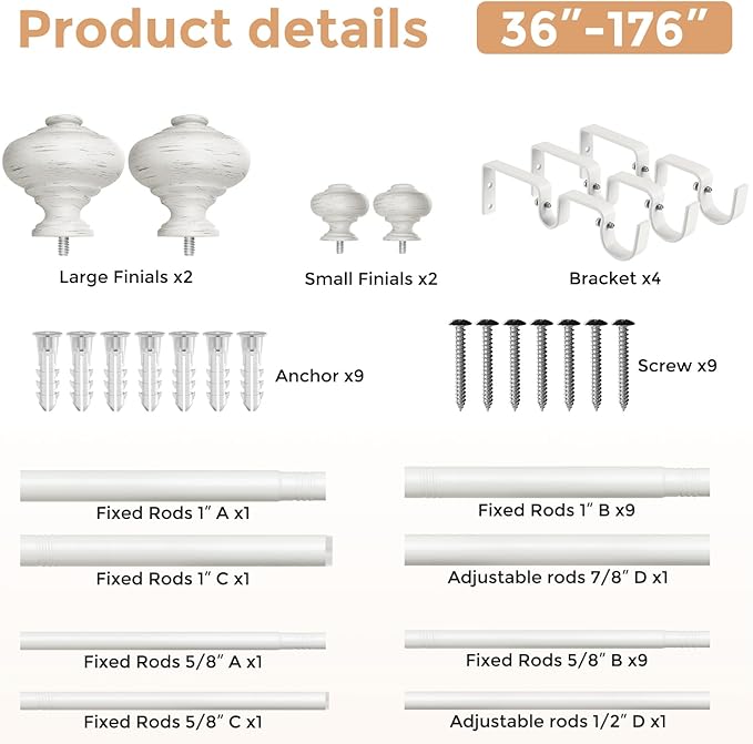 White Double Curtain Rods for Windows 120 to 170 inch, Farmhouse Vintage Decorative 1" Adjustable Extra Long Dual Curtain Rod, Heavy Duty Boho Double Drapery Pole with Antique White Finial