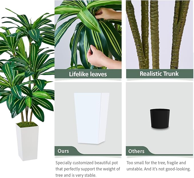 Artificial Dracaena Plant 5FT - Fake Tree with Tall Planter and Fairy Lights, Artificial Trees Faux Yucca Plants Indoor, Fake Plants for Home Office Living Room Decor Christmas