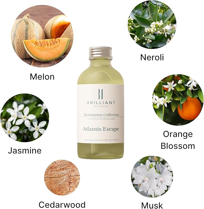 Brilliant Scents Atlantis Escape Fragrance Oil 120ml - Premium Diffuser Oil for Home, Office, Hotels - Long Lasting, Plant-Based, Meets IFRA Standards, USA-Made - Neroli, Orange Blossom, Vanilla