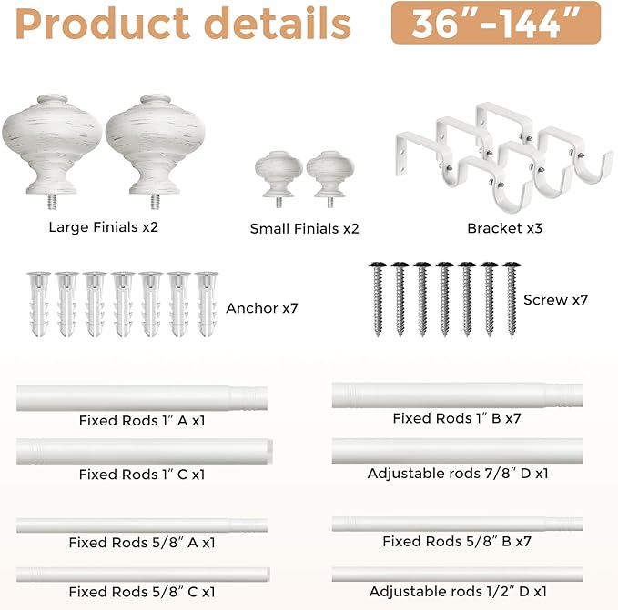 White Double Curtain Rods for Windows 72 to 144 inch, Farmhouse Vintage Decorative 1 Inch Adjustable Long Dual Curtain Rod, Heavy Duty Boho Double Drapery Pole with Antique White Grain Finial
