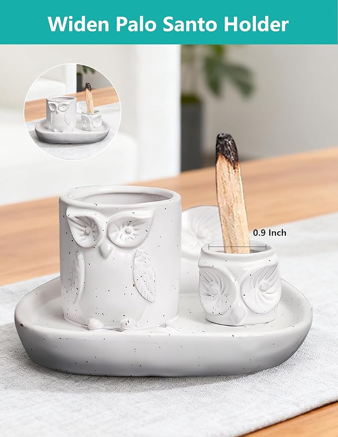 Comeon Palo Santo Holder, 4 in 1 Ceramic Owl Backflow Incense Burner Holder Candle Holder Sage Holder for Burning Bowl, Incense Holder for Sticks for Meditation Yoga Room(White)