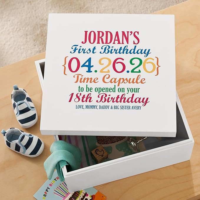 Let's Make Memories Personalized First Birthday Time Capsule - Baby Keepsake Box - Child's Memory Box - Sturdy Wood Composite - 12" Lx12 Wx6 H - First Birthday