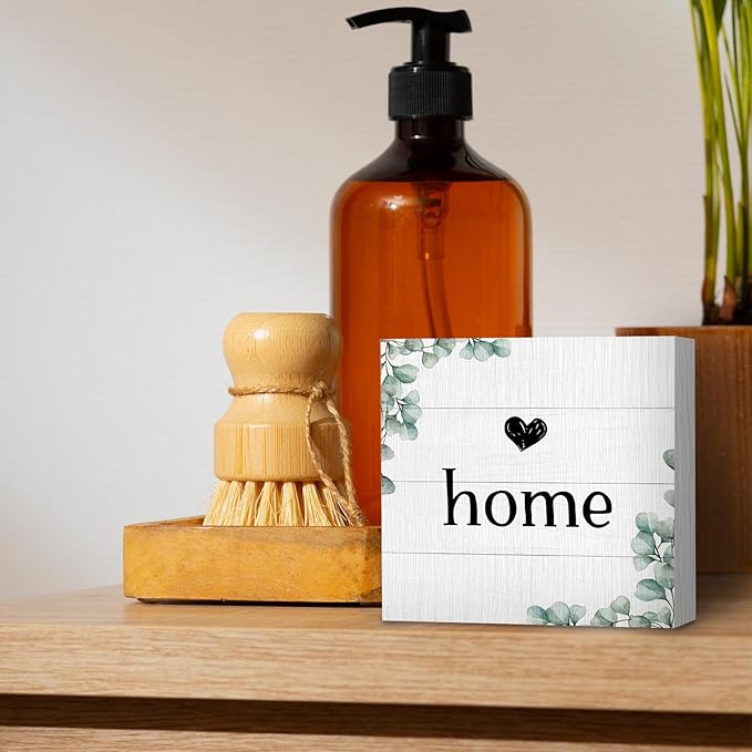 Home Sign, Home Signs for House Decor, Welcome Sign, Rustic Farmhouse Desk Decor Wood Block Box Plaque for Living Room Wall Shelf, Housewarming Gifts (Green)