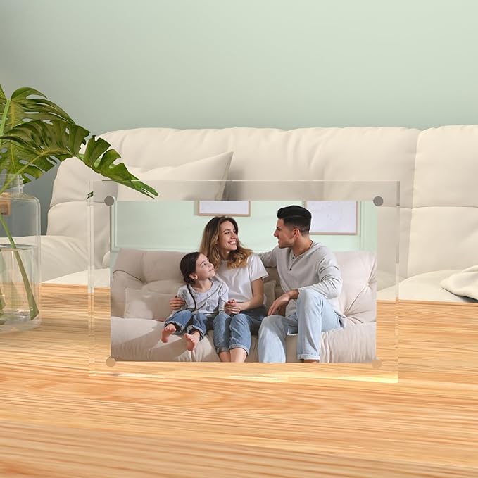 ILYXY 5 Pack Acrylic Frame 6x8, 20% Thicker, 24mm Thick Frameless Clear Picture Frame, Double Sided Magnetic Photo Frame, Free Standing Desktop Display Stand Acrylic Picture Frames