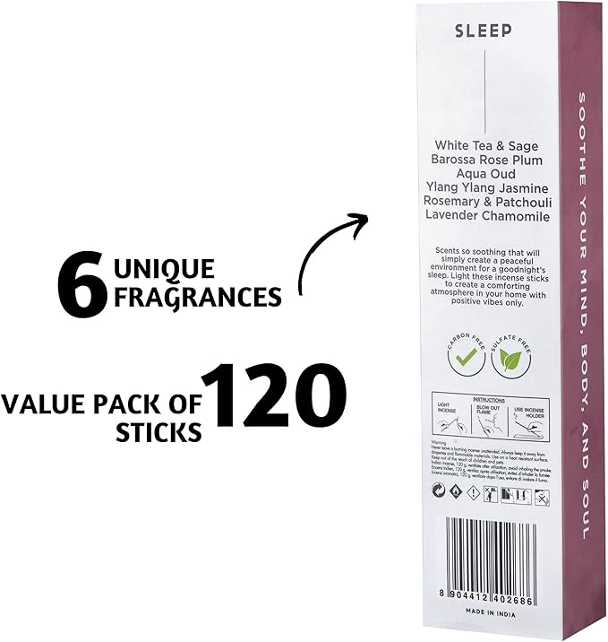 Folkulture Sleep Incense Sticks | Set of 6 (120-Sticks) | 45 Mins Burn Time | Relaxing Scents for Calm & Deep Sleep | Organic & Non Toxic Sleep Incense for Women