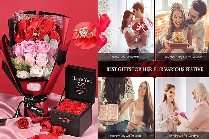 EIGHTOWN Roses Bouquet Artificial Flower - Preserved Red Rose Flowers with Love Necklace for Her - Unique Gifts Valentine's Day, Mother's Day, Thanksgiving, Birthday, Anniversary