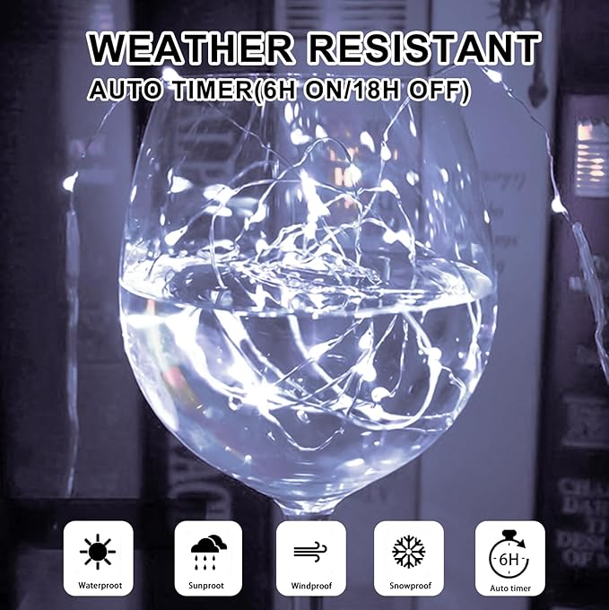 White Fairy Lights Battery Operated (Included), 8 Modes & Auto Timer, 2 Packs 5m 50Led Mini Twinkle Silver Wire Firefly Starry Lights, Waterproof Battery Operated Lights for Wedding Parties