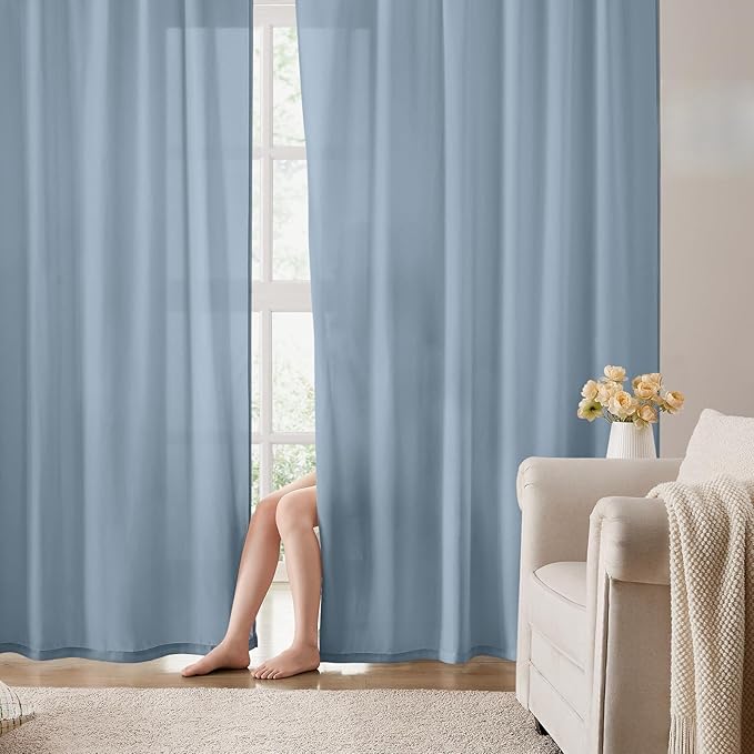 HOMEIDEAS Non-See-Through Stone Blue Privacy Semi Sheer Curtains 96 Inches Long 2 Panels Set Light Filtering Curtains for Living Room Bedroom Drapes,W52xL96