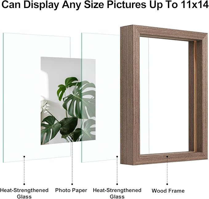 Egofine 11x14 Floating Frames Set of 2, Double Plexiglass Picture Frame, Made of Solid Wood Display Any Size Photo up to 11x14, Wall Mount or Tabletop Standing, Brown