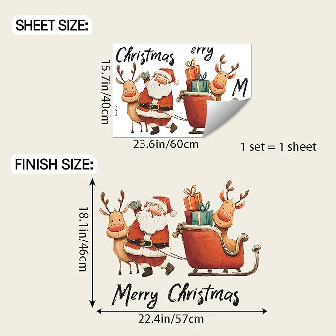 Christmas Wall Stickers Decor- Flower Wall Decals Peel and Stick Xmas Santa, Reindeer, Gifts Removable Wall Art for Home Party Office Classroom Winter Holiday (B)