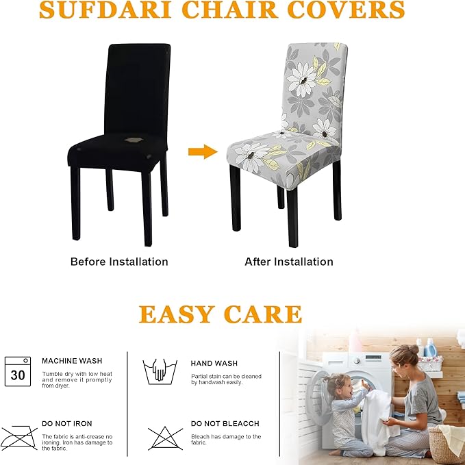 Sufdari Dining Chair Covers,Kitchen Chair Cover,Parsons Chair Slipcover,Spandex Chair Protectors for Dining Room Stretch Chairs Cover Set of 4 -Grey Floral