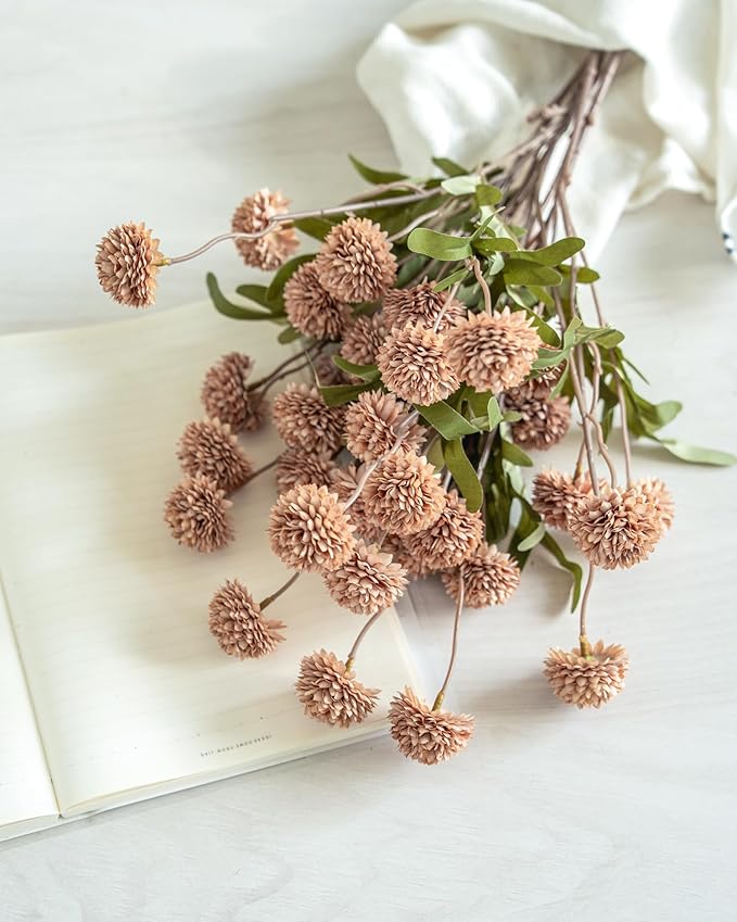 Laelfe Artificial Kiku Flower - 5 Pcs Fake Pompon Mums Silk Small Chrysanthemum Faux Ball Fall Flower Stem Decor for Autumn Wedding Filler DIY Bouquet Centerpieces Arrangements Shower (Coffee)