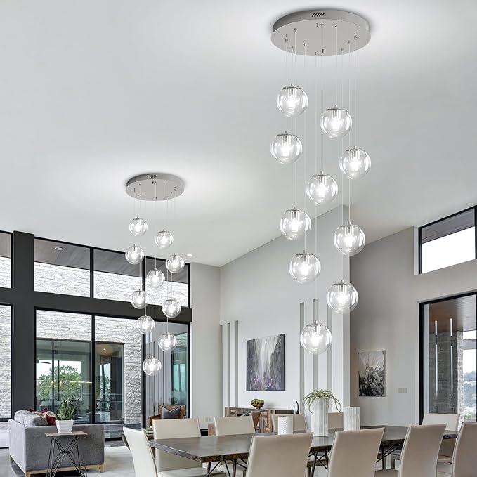 Silver LED Staircase Chandelier 10-Light Clear Glass Ball Chandelier Dimmable Pendant Lights Large Chandeliers for High Ceilings, Entryway Modern Chandelier for Villas and Stairwell
