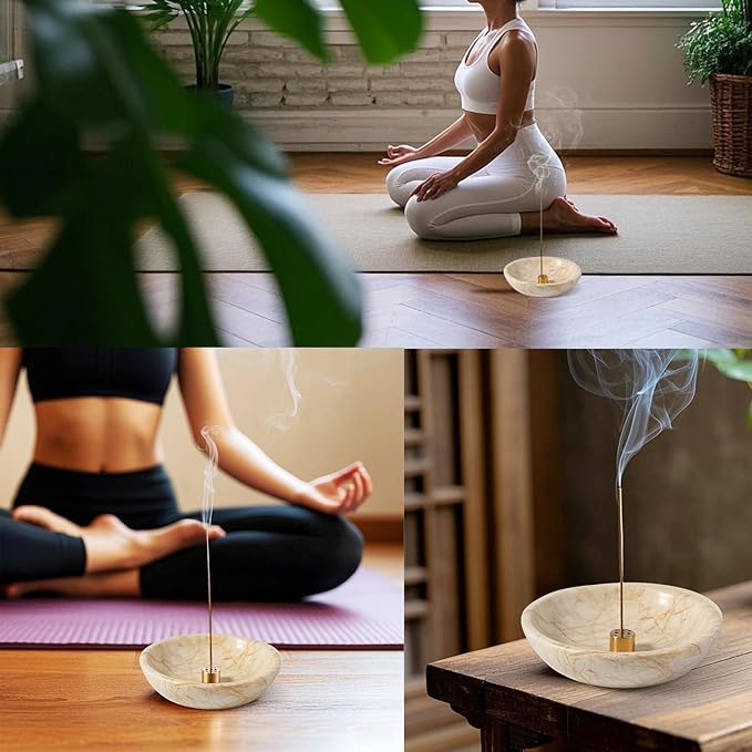 Koville Natural Marble Incense Holder, Incense Holder for Sticks with 9 Holes, Handmade Incense Burner Ash Catcher for Meditation Yoga SPA, Balsam Fir/Palo Santo/Sage/Cone (Gold)