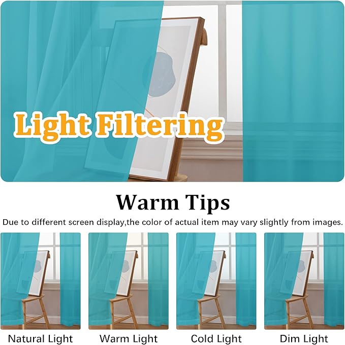 Gwine Turquoise Sheer Curtains for Living Room 45 inches Long, Short Voile Light Filtering Window Treatments Sheer Curtains for Bedroom, Half Window Drapes with Rod Pocket, Each 42" Wx45 L