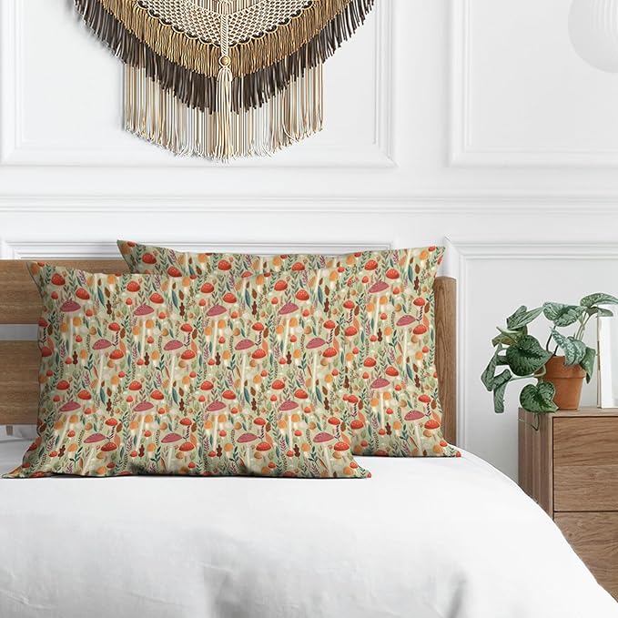 Boho Pillow Protectors with Zipper Standard Size Fun Mushroom Botanical Print Pillow Covers Set of 2 Rustic Nature Plant Bed Pillowcases Spring Colorful Floral Bed Pillow Covers 30"X20"