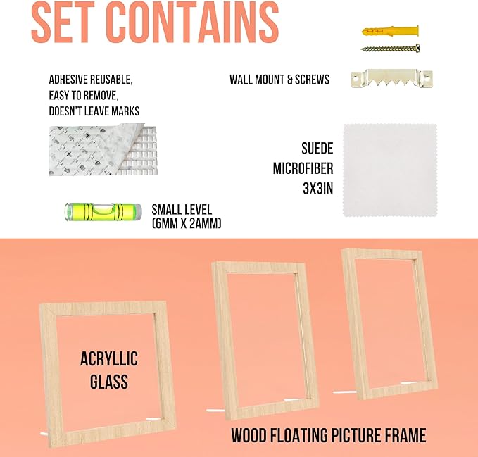 Glass Floating Frames 3 Pcs - Two Sided Square Frames with UV Protection