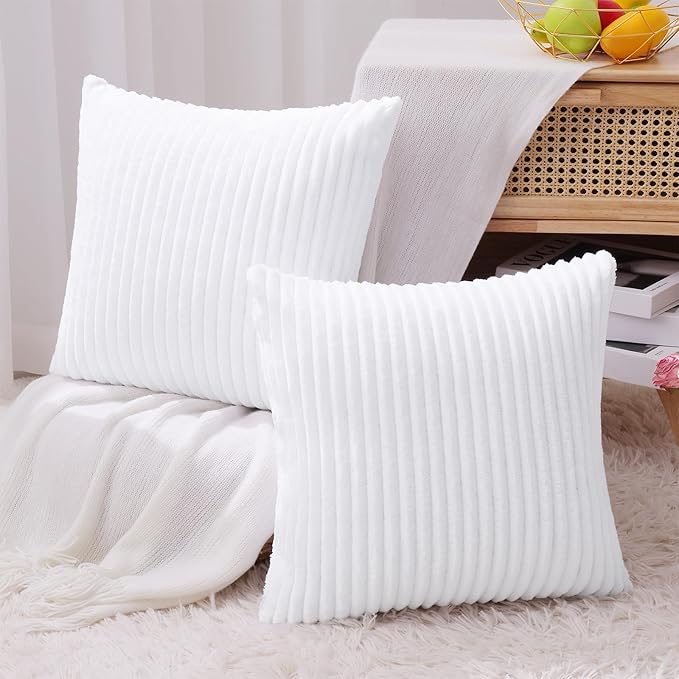 Simmore Decorative Christmas Throw Pillow Covers 18x18 Set of 2, Soft Natural Plush Flannel Double-Sided Fluffy Couch Pillow Covers for Sofa Living Room, White