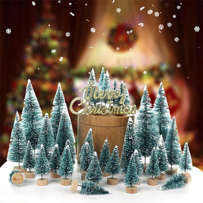Artificial Mini Sisal Christmas Trees Snow Frost with Wooden Bases for Home Party Decoration Ornament DIY Craft (Blue-Green, 12.5 cm/10 pcs)
