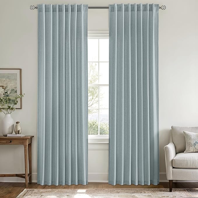 MIULEE Non-See-Through Privacy Linen Curtains 2 Panels, Light Filtering Window Curtains Farnhouse Textured Back Tab Semi Sheer Drapes for Bedroom Living Room, 52 x 84 Inches Long, Stone Blue