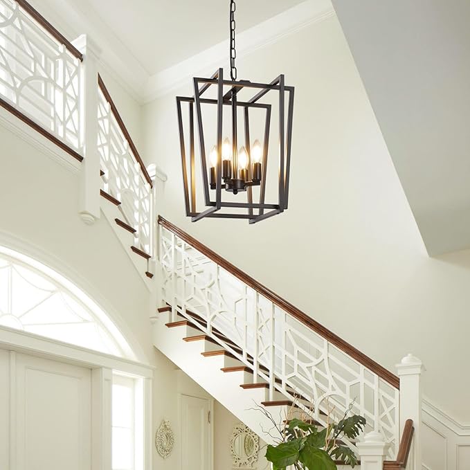 WJShome 4-Light Black Chandelier: A Must-Have Farmhouse Dining Room Light Fixture! Enjoy Modern Ceiling Lantern Pendant Style with Adjustable Height for Kitchen Island & Entryway