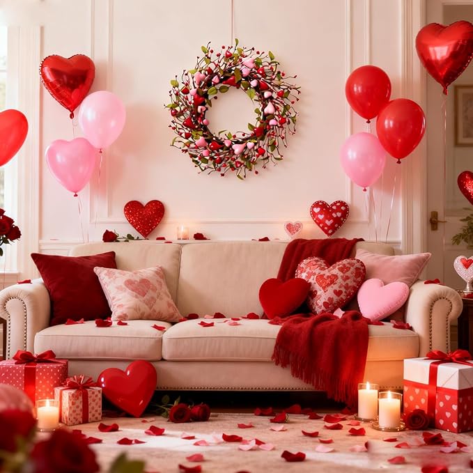 idyllic 22 Inch Valentine Green Leaf Heart-Shaped Berry Wreath, Pink Red Heart Berry Decor for Front Door Mantel Table Window Wall Wedding Porch Indoor Dinner Gift