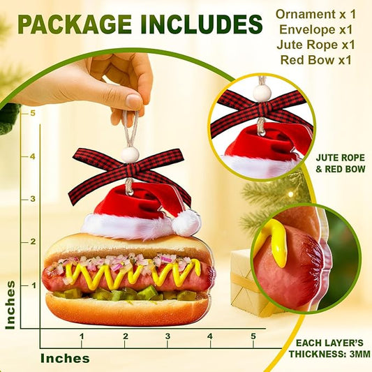 Hot Dog Christmas Ornaments - Funny Food Ornaments for Christmas Tree - Food Decorations Gifts for Lovers & Friends, Women, Men - Hanging Acrylic Ornament