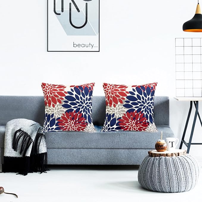 Decorative Throw Pillow Covers Set of 2 Red Blue Pillow Covers 16x16 Inch Couch Pillow Covers for Sofa Living Room Outdoor Throw Pillow Cover Linen Square Floral Flower Farmhouse Pillowcase