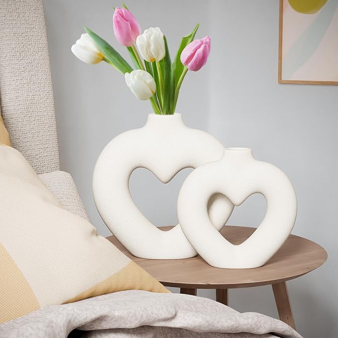 White Heart Ceramic Vases for Decor, Heart Shaped Ceramic Vase Set of 2, Nordic Shaped Vases, Minimalist Decorative Vase for Table Centerpiece Wedding Dining Living Room Office House Decoration
