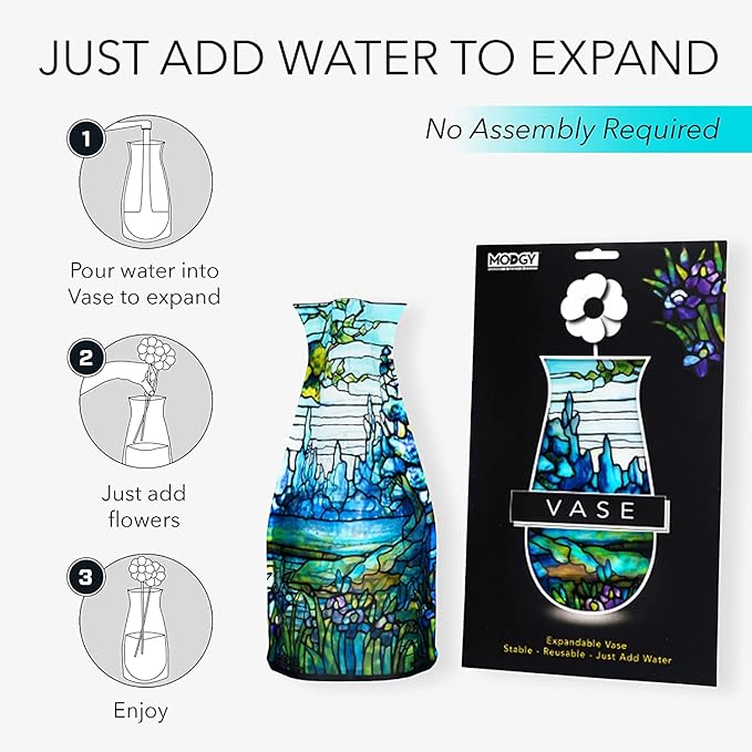 MODGY Expandable Flower Vase, Plastic Decorative Modern Foldable Printed Vases for Centerpieces for Wedding, Dining Table, Home Decor, Living Room, Bathroom, Iris Landscape, Louis C. Tiffany, 2 Pack