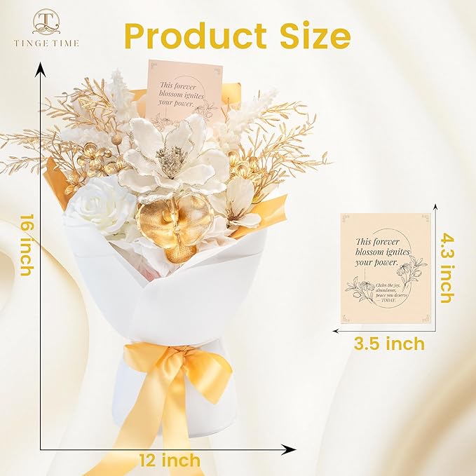 TINGE TIME Preserved Flowers Bouquet, Christmas Faux Rose Bouquets Platinum, Artificial Flowers Poinsettia Faux Flowers, for Christmas Centerpiece Table Home Holiday Party(White & Gold)