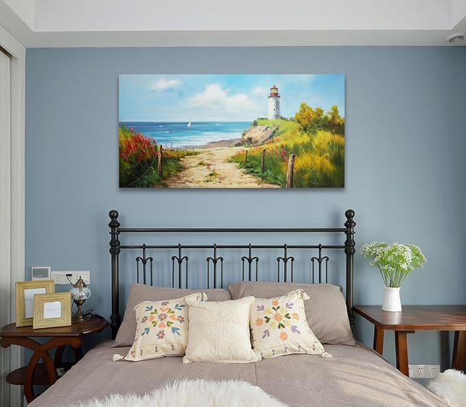 Acocifi Blue Coastal Wall Art Lighthouse Picture Nature Fall Landscape Ocean Beach Seascape Canvas Painting, Textured Artwork Large Framed for Living Room Bedroom Bathroom Office Home Decor 58"x29"