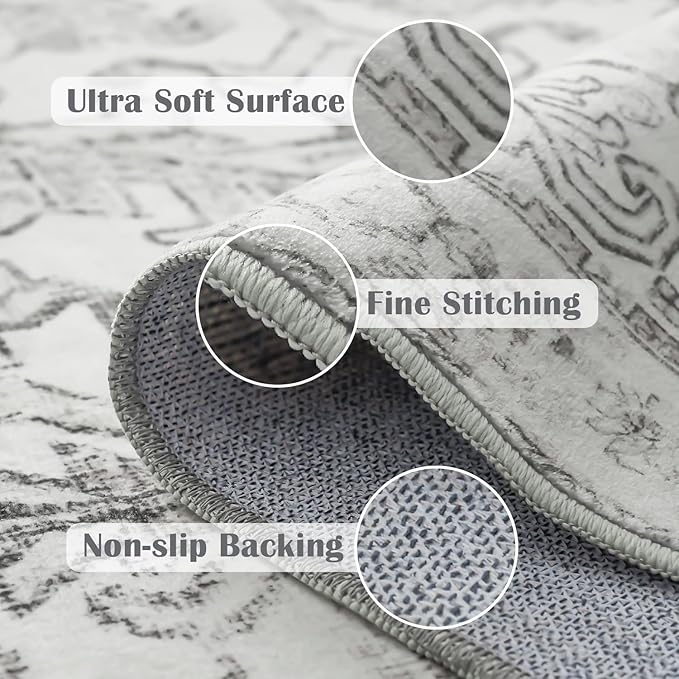 jinchan Lima Runner Rug 2x5 Washable Hallway Runner - Vintage Floral Non Slip Low-Pile Soft Ultra-Thin Kitchen Rug Distressed Carpet for Farmhouse Bedroom Entryway Laundry Room (2x5ft, Grey)