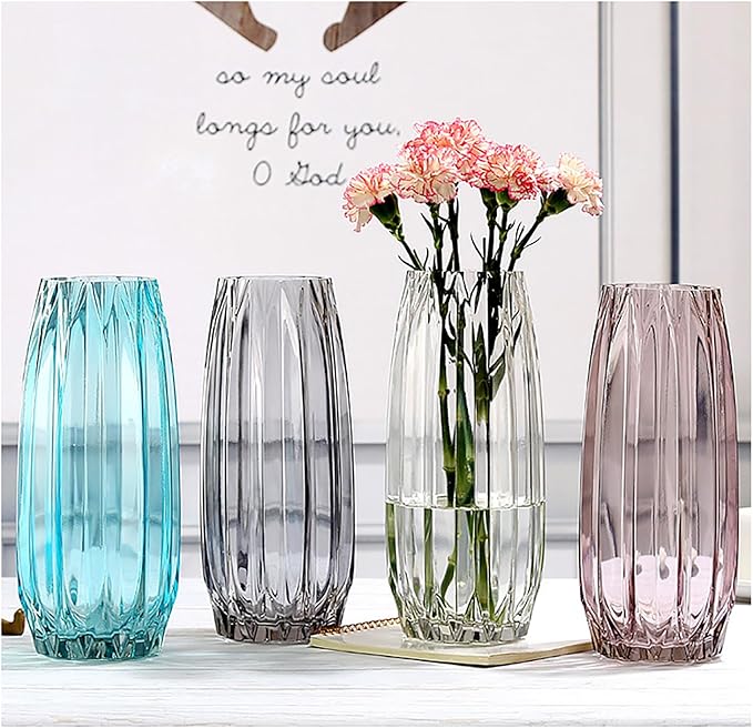 Modern Ribbed Blue Glass Vase for Flowers, Candles, and Decorative Accents - Tall/Short for Centerpieces and Table Decor (12.0inch)