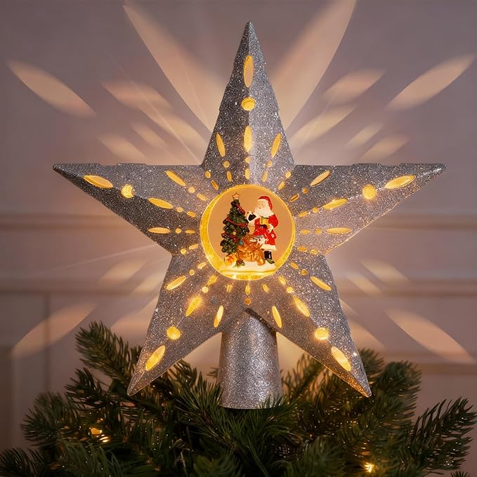 Silver Rotating Christmas Tree Topper Star with Santa Scene, 4 Warm Yellow LED Lights, Spinning Motion, Glitter Silver Finish, Tree Decoration with 9.8FT Power Cord for Holiday Home Decor