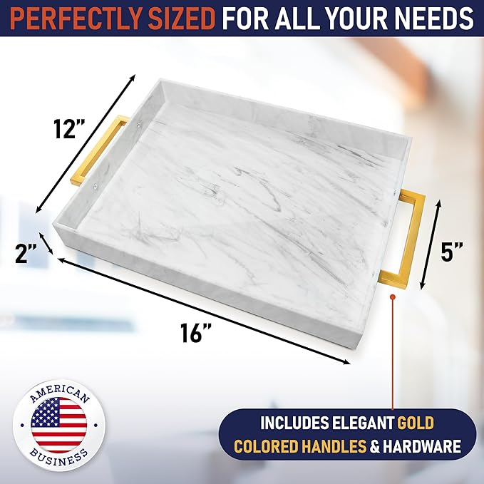 Acrylic Serving Tray with Gold Handles, 16" x 12" Decorative Tray for Coffee Table, Spill-Proof Server for Food and Drinks. Multipurpose for Kitchen, Countertop, Vanity, Ottoman, and Parties (Marble)