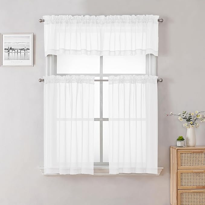 Lecloud Sheer White Curtains 14 Inch Length 2 Pieces, Light Filtering Voile Cafe Kitchen Valance with Dual Rod Pockets, Bedroom Living Room Sheer Short Curtains for Small Window Decor, 40" Wx14 L